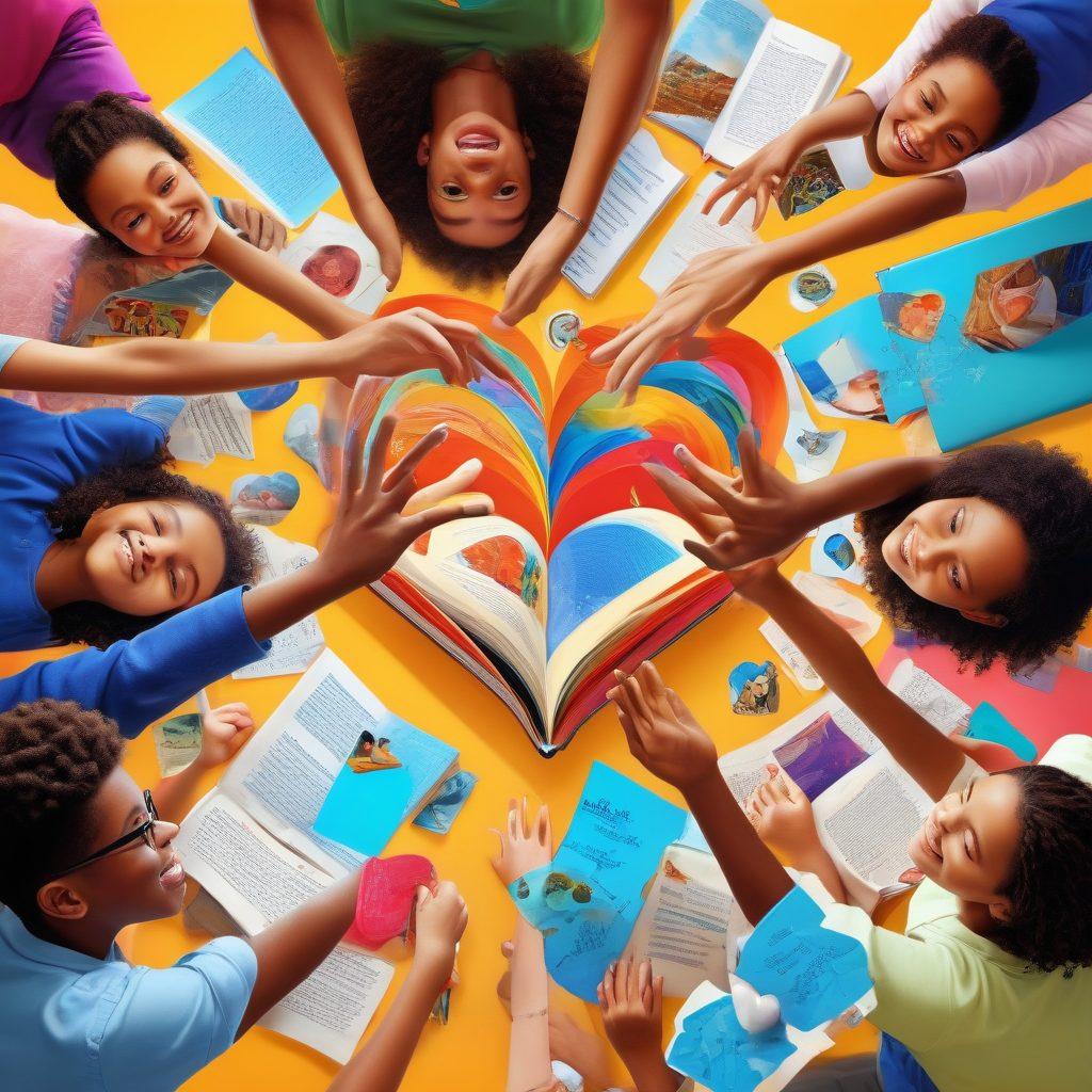 A vibrant collage of diverse students engaged in various learning activities, showcasing enthusiasm and collaboration in a colorful classroom setting. Include supportive mentors and symbols of education like books and technology intertwined with imagery of hearts and supportive hands. The atmosphere should radiate warmth and positivity, representing a strong sense of community. super-realistic. vibrant colors. 3D.