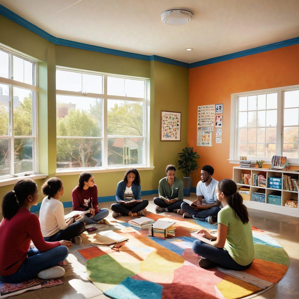 A warm, inviting classroom scene, where a diverse group of students and a teacher engage in a circle, sharing thoughts and ideas, with colorful wall decorations that promote creativity and unity, soft natural light streaming through the windows, and elements of trust such as open books and art supplies around them. super-realistic. vibrant colors. warm tones.