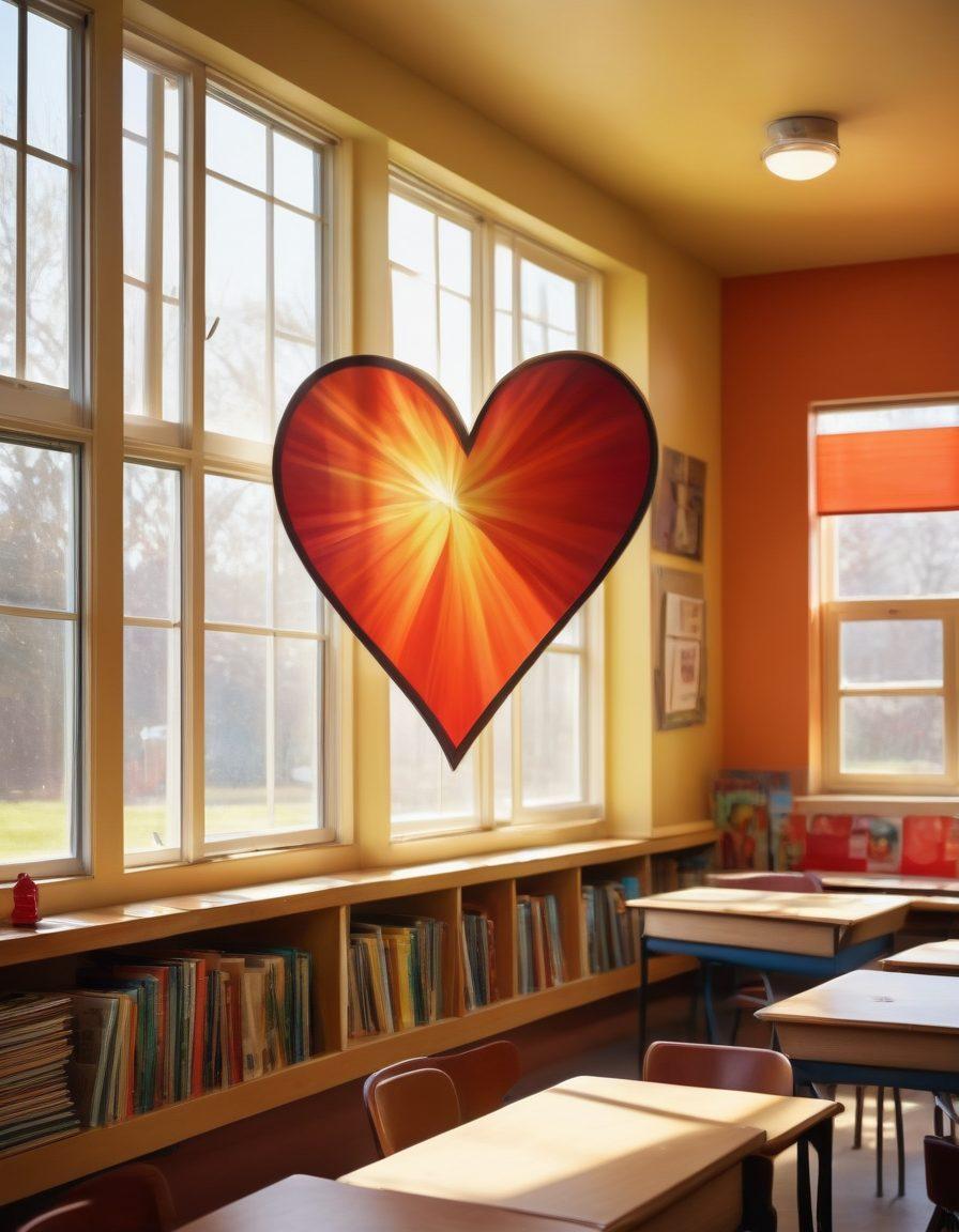A warm and inviting classroom filled with diverse students and teachers engaging in collaborative activities, showcasing bonds of friendship and support. Bright posters on the walls illustrating love and teamwork, with rays of sunlight filtering through the windows, creating a cozy atmosphere. Include symbols of education like books and art supplies scattered around, and a heart shape subtly integrated into the design. super-realistic. vibrant colors. warm tones.